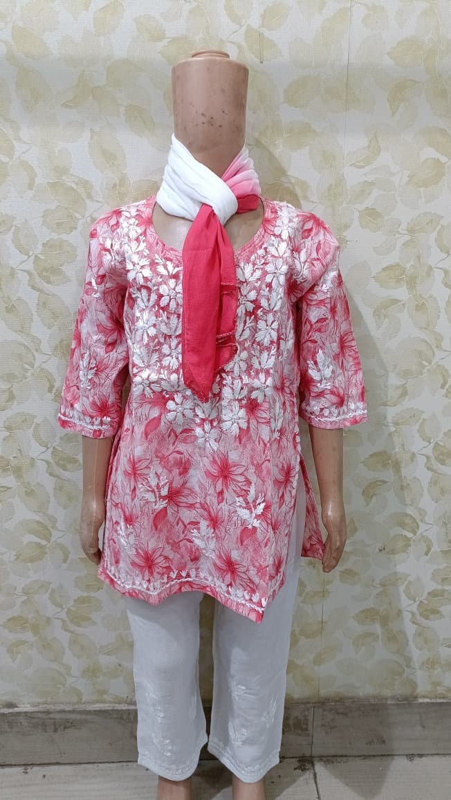 Girls Suit Mul Print with Modal Plazzo White Work