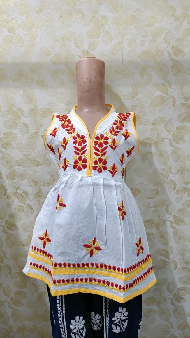 Fancy summer chikan frock sleeveless