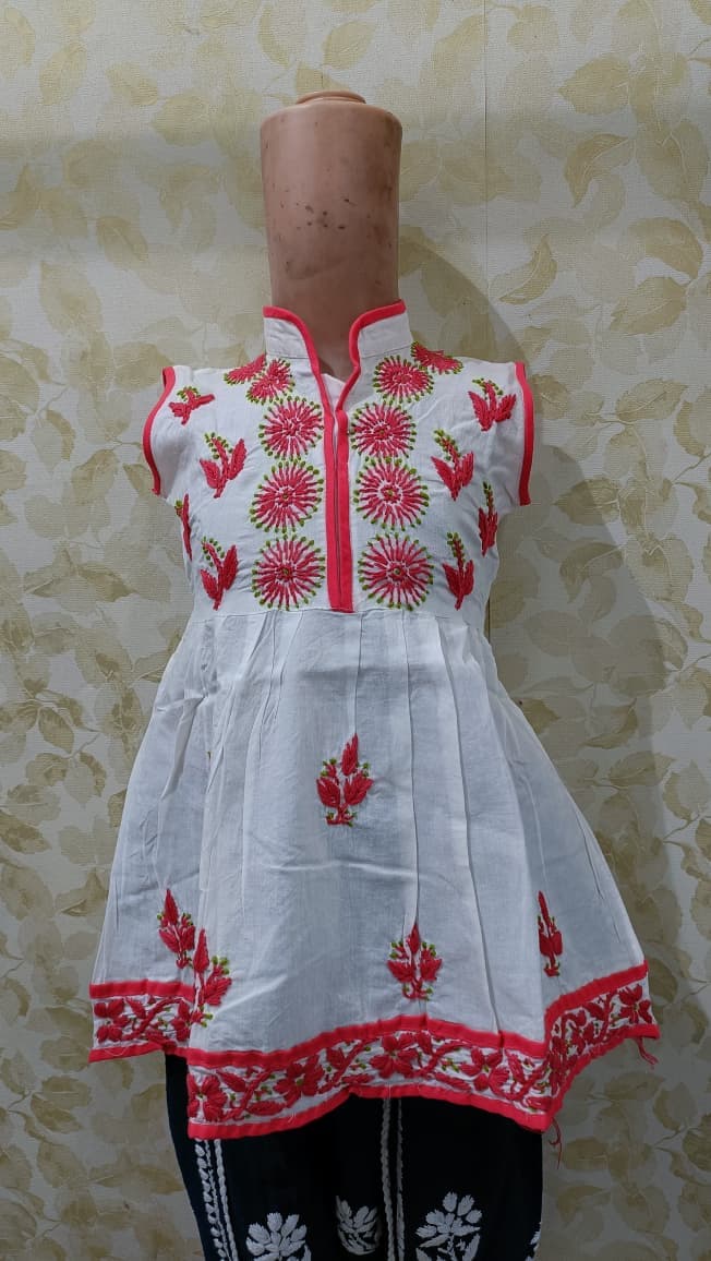 Fancy summer chikan frock sleeveless
